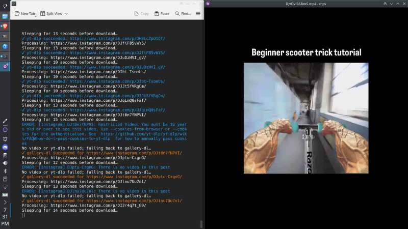 Terminal running downloader script with video playing on right